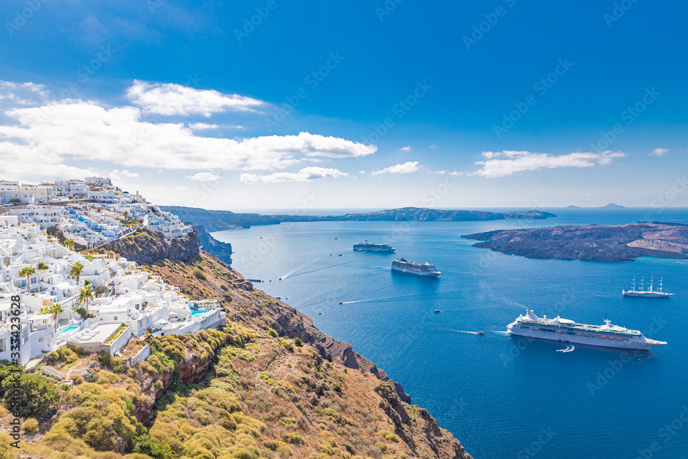 Amazing landscape view of Santorini island. Picturesque summer on the famous tourism destination Greece, Europe. Traveling concept background. Boost color process photo. Luxury travel vacation