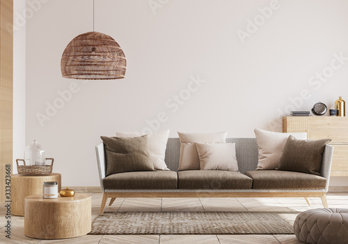 Cozy living room interior, Scandinavian style mock up. Rattan ceiling lamp , wooden furniture and elegant home accessories.