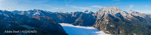 Autumn Alps mountain misty morning view from Jenner Viewing Platform  Schonau am Konigssee  Berchtesgaden national park  Bavaria  Germany.