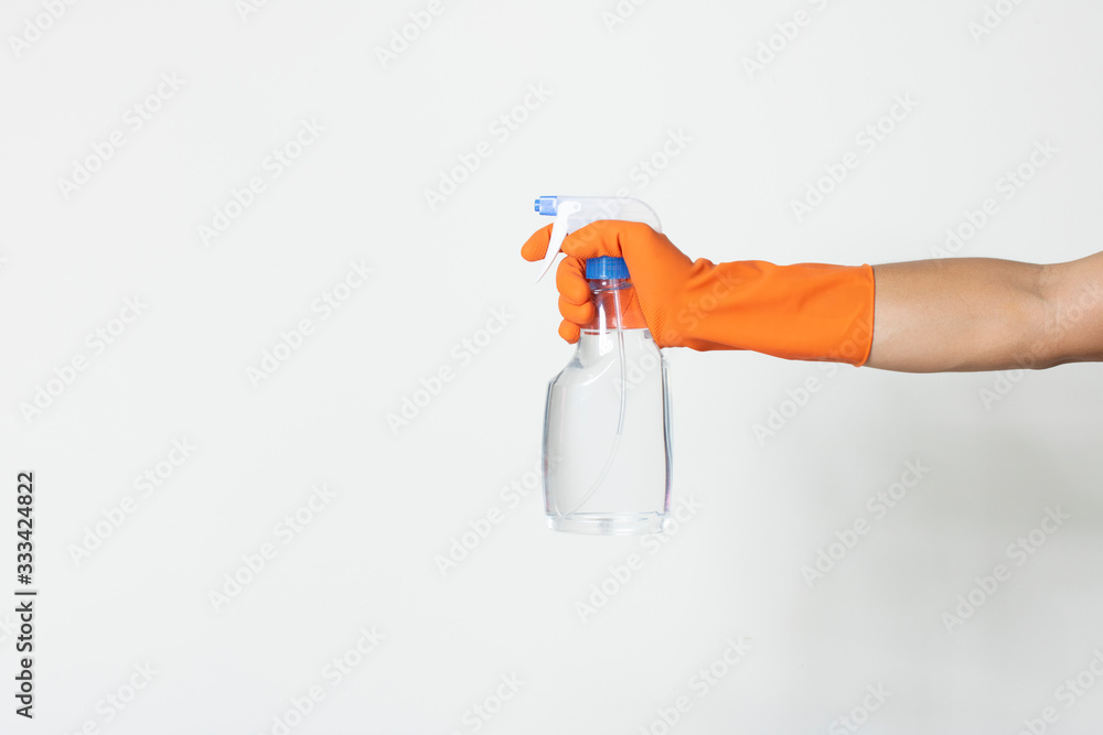 sanitizer clean solution protect virus bacteria covid-19 contamination worker wearing chemist glove copy-space white background sanitizer clean solution protect virus bacteria covid-19 contamination worker wearing chemist glove copy-space white background