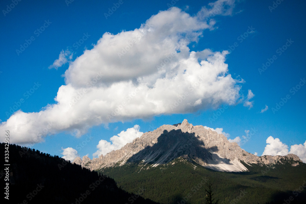 Alpine landscape of Sorapis Group with clouds, Dolomites, Belluno, Veneto, Italy