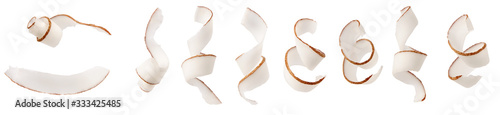 Fotografia, Obraz Coconut spiral curl slices set isolated on white background