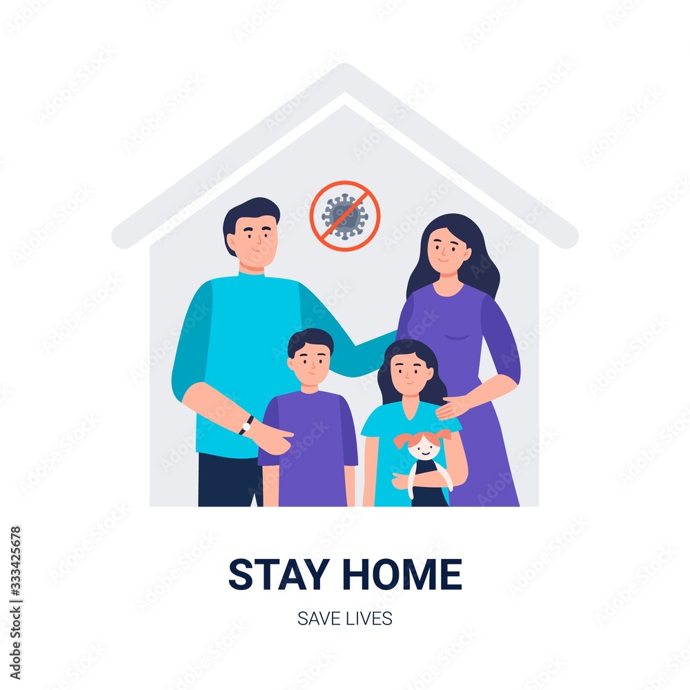 Stay home. Social media campaign and coronavirus prevention. A happy family keeps calm and stays at home. Vector flat illustration for blogs, social media, web sites.