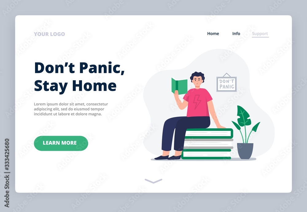 Stay home. Social media campaign and coronavirus prevention. A landing page with a young man at home. A happy man read books, studies at home around paper books and plants. Vector flat illustration.