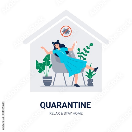 Stay home. Social media campaign and coronavirus prevention. A young woman relaxes and listens to music, audiobooks at home around plants. Vector flat illustration for blogs, social media, web sites.