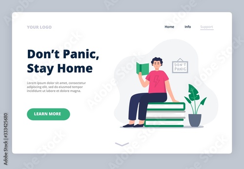 Stay home. Social media campaign and coronavirus prevention. A landing page with a young man at home. A happy man read books, studies at home around paper books and plants. Vector flat illustration.