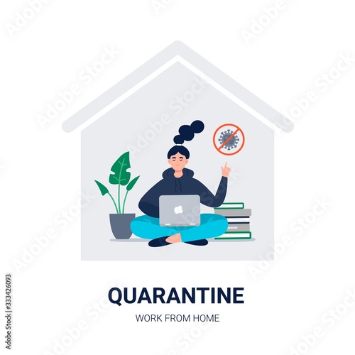 Stay home. Social media campaign and coronavirus prevention. A young woman keeps calm and works at home. Vector flat illustration for blogs, social media, web sites, and others.