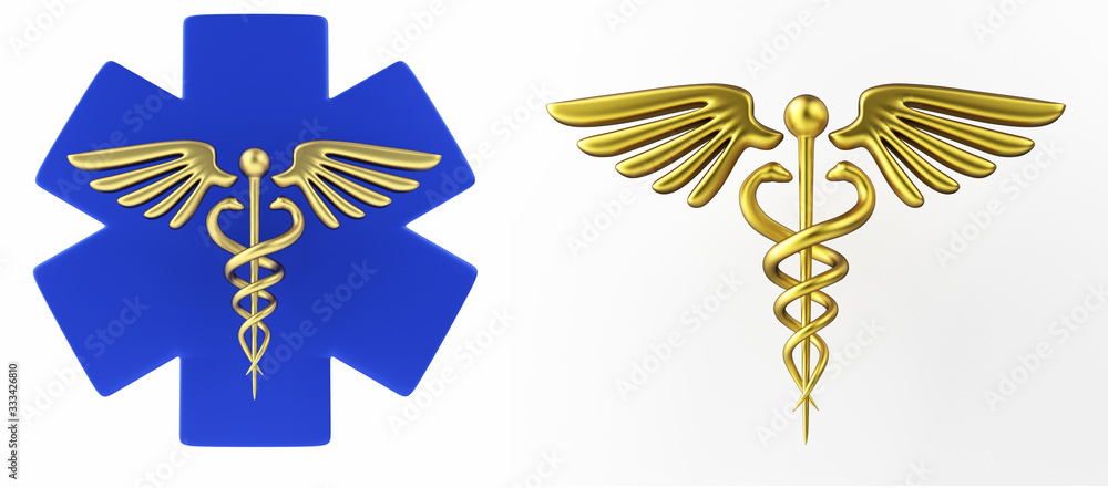 Caduceus medical symbol isolated on a white background. Caduceus Icon. Concept for Healthcare Medicine and Lifestyle. Caduceus sign with snakes on a medical star. 3d render Caduceus medical symbol isolated on a white background. Caduceus Icon. Concept for Healthcare Medicine and Lifestyle. Caduceus sign with snakes on a medical star. 3d render