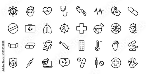 CORONAVIRUS a set of icons on the theme of Coronavirus, contains such icons as nucleation, hand washing, mask, bacteria, sneezing, Editable stroke, on a white background