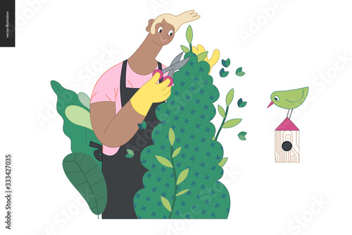 Gardening people, spring - modern flat vector concept illustration of a young black man wearing black apron cutting a bush with scissors. Spring gardening concept