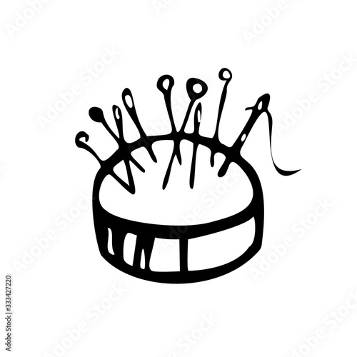 Needle bar with pins and needles. Black and white vector illustration in line art style. Isolated on a white background.