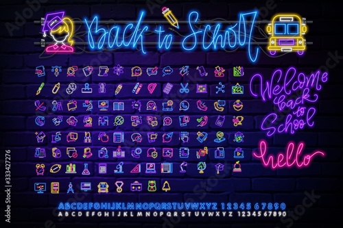 School neon icons set. Back to School Sale neon signs design template. Open Close Bright sign boards, light banner, Isolated icon. Vector Illustration