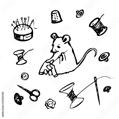 Set of vector illustrations on the topic of sewing. Spools of thread, a needle bar with pins and needles, scissors, a thimble, buttons, a mouse sews a patch. Isolated on a white background.