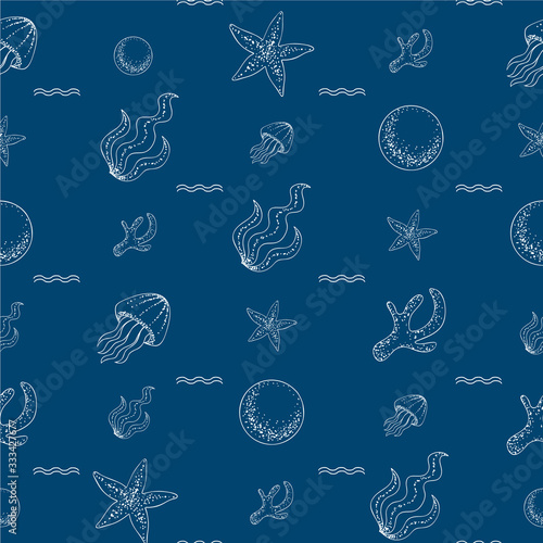 Marine seamless pattern of white elements with dots texture on navi blue background. Contains jellyfish, starfish, coral branch, pearl, algae leaf, waves. Stylized with hand drawing.