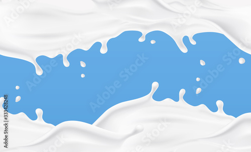 Milk splash frame pattern. 3d realistic yogurt or dairy cream wave border with drops. Vector milky package design..
