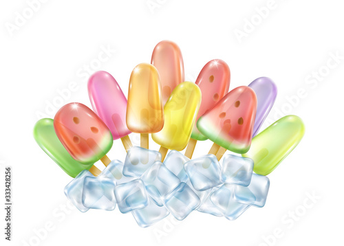 Lolly with ice cubes isolated on white background. Realistic different flavors freeze juice on sticks. Vector popsicle or candy template..