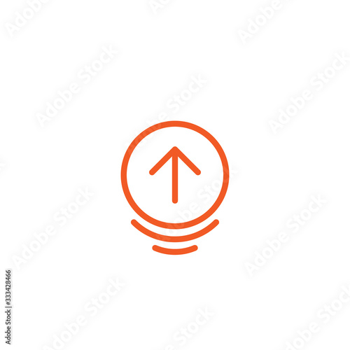 scroll the page or swipe up pictogram. red thin rounded arrow up in circle icon.