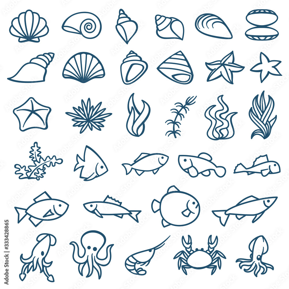 Obraz premium Sea animals monochrome set of 36 isolated on white backgrownd
