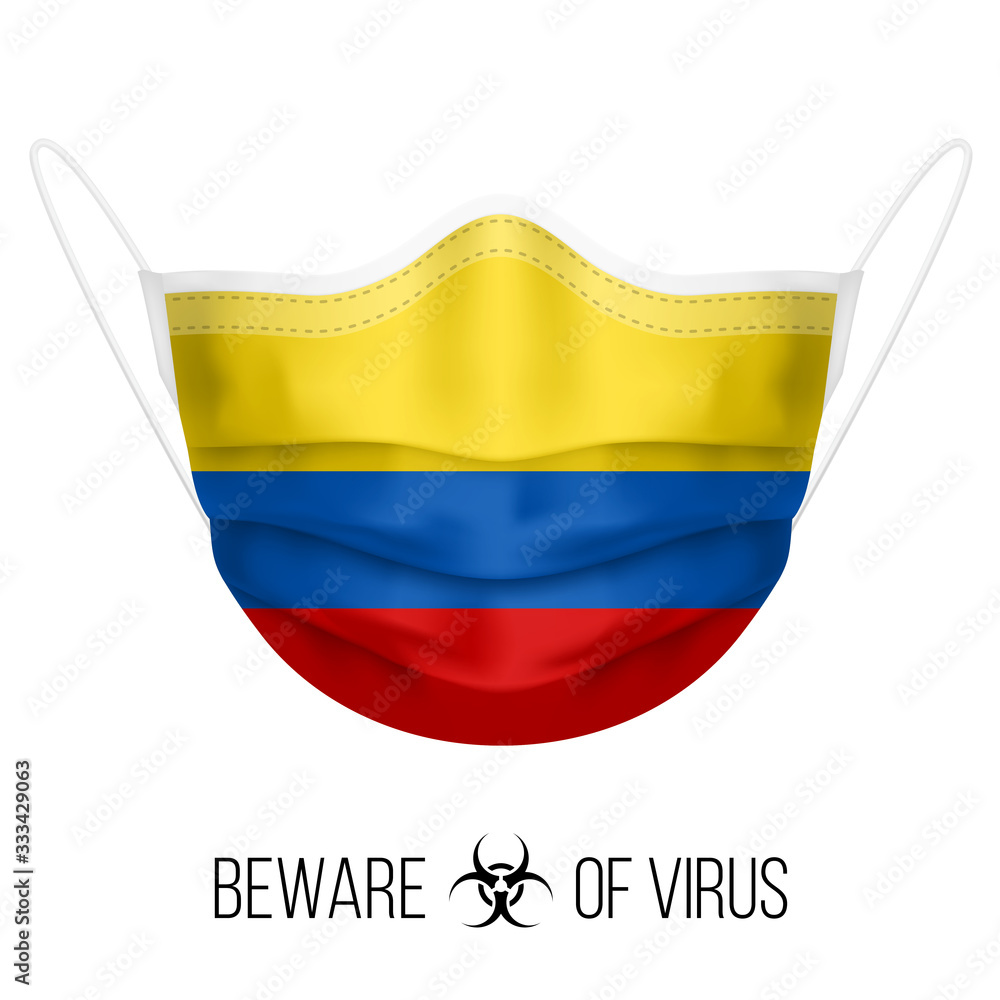 Medical Mask with National Flag of Colombia as Icon on White. Protective Mask Virus and Flu. Surgery Concept of Health Care Problems and Fight Novel Coronavirus (2019-nCoV) in Form of Colombian flag Medical Mask with National Flag of Colombia as Icon on White. Protective Mask Virus and Flu. Surgery Concept of Health Care Problems and Fight Novel Coronavirus (2019-nCoV) in Form of Colombian flag