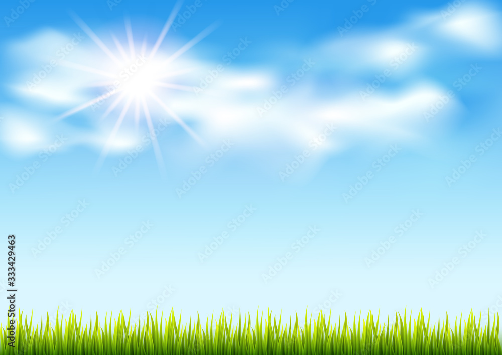 Blue sky with clouds and green grass, vector background. Blue sky with clouds and green grass, vector background.