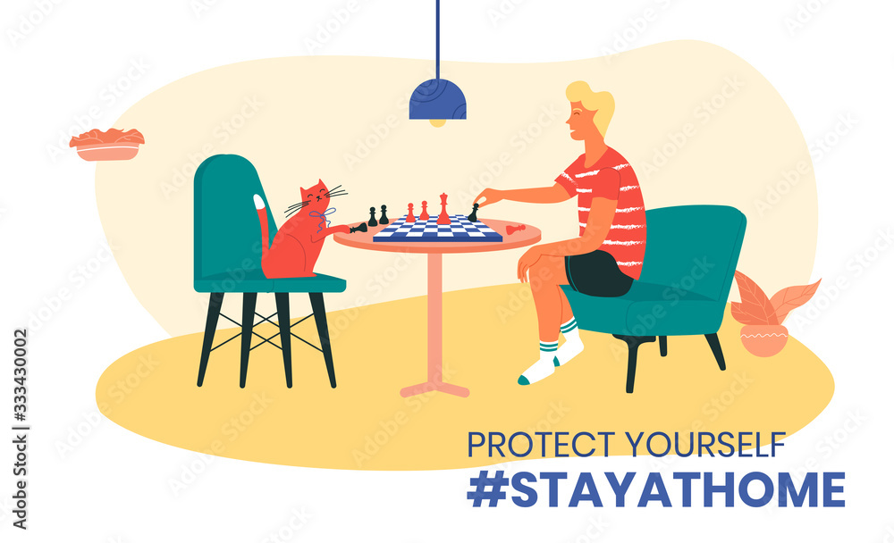 The boy playing chess with his cat during coronavirus quarantine vector illustration. Stay at home hashtag. Prevention of coronavirus infection during COVID-19 quarantine by self isolation.