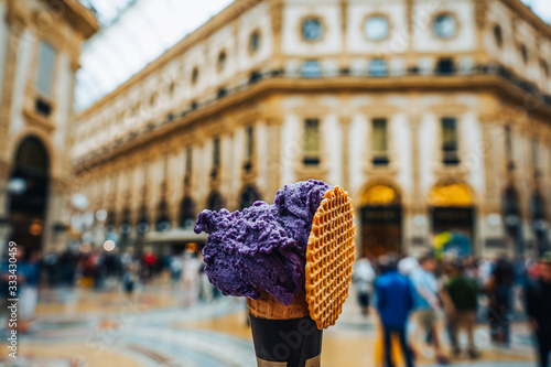 Italian ice cream in Viktor-Emanuel-Galerie in Milan, Italy