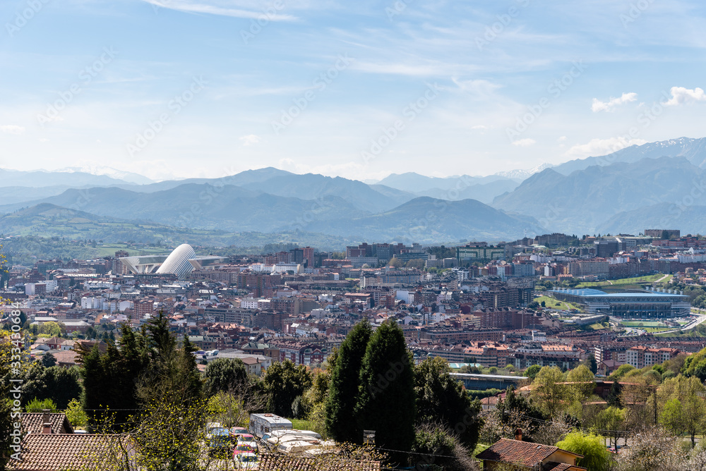 Cityscape of Oviedo a sunny day from Naranco mount.