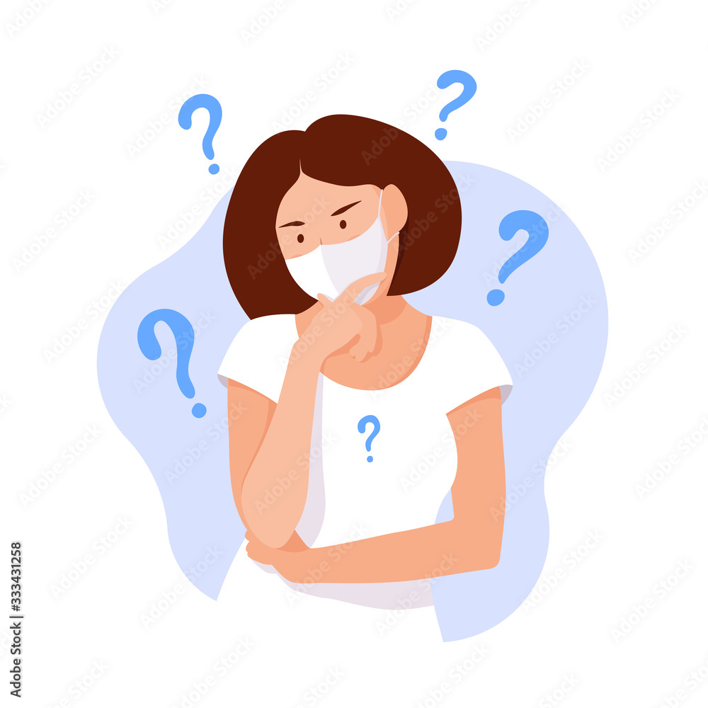 Woman thinks. Coronavirus concept. Girl thinking about problems, finance, life, relationship etc. Question. Girl solves a problem. Woman with question marks. Stay safe. Stay home. Healthcare concept Woman thinks. Coronavirus concept. Girl thinking about problems, finance, life, relationship etc. Question. Girl solves a problem. Woman with question marks. Stay safe. Stay home. Healthcare concept