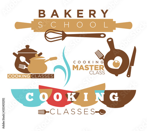 Cooking school and culinary class logotype with dish sign vector
