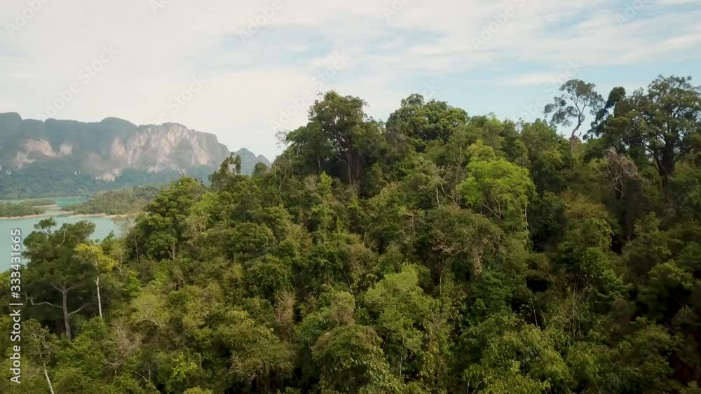Aerial landscape of Cheow Lake in Khao Sok National Park in Thailand, turquoise water, small islands with trees and lime stone cliffs in the background Aerial landscape of Cheow Lake in Khao Sok National Park in Thailand, turquoise water, small islands with trees and lime stone cliffs in the background