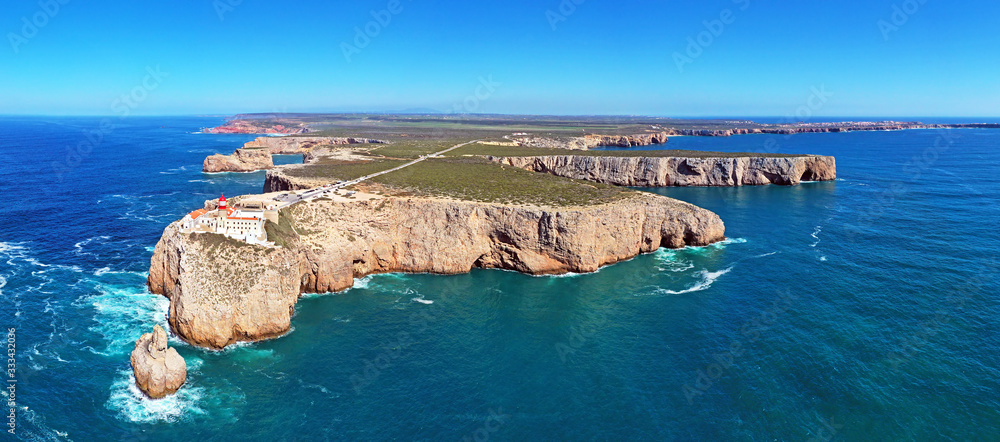 Panoramic aerial from the lighthouse 'Cabo Vicente'  in Sagres in the Algarve Portugal
