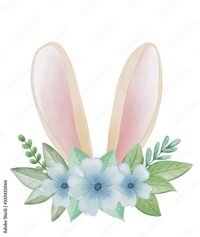 Watercolor Easter Bunny ears with spring flowers. Rabbit ears. Hand painted watercolor cartoon illustration. Floral Easter wreath. Hand drawn holiday background.