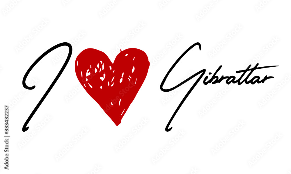 I love Gibraltar Red Heart and Creative Cursive handwritten lettering on white background.