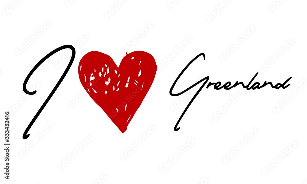 I love Greenland Red Heart and Creative Cursive handwritten lettering on white background.