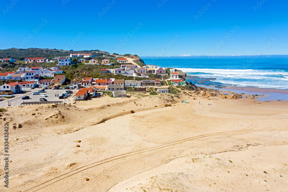 Aerial from the traditional village Monte Clerigo on the west coast in Portugal