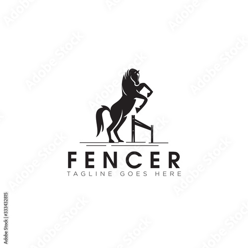 fencer logo, with horse jumping and fence vector