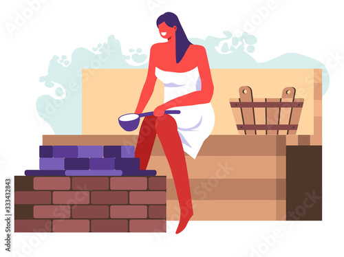 Female character washing in bathhouse or sauna with steam