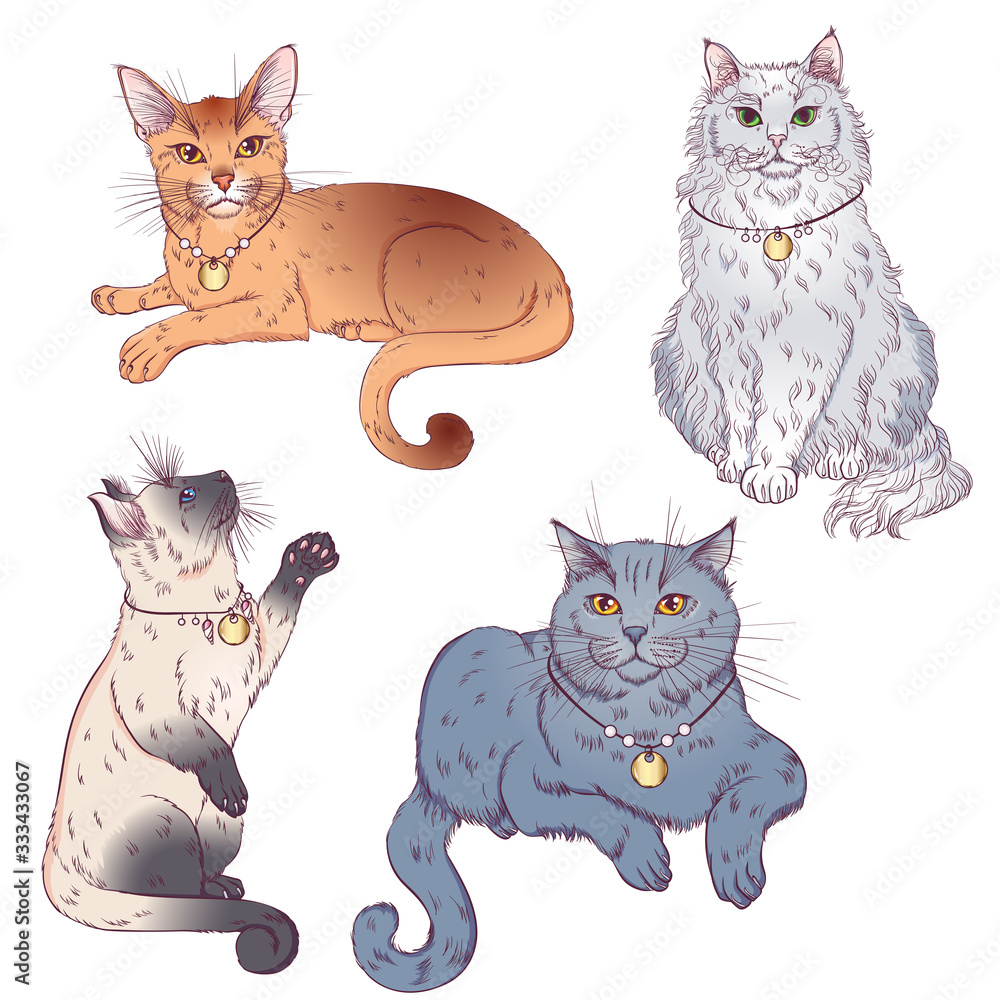 Set of cute cartoon kitties or cats with different colored fur and ...