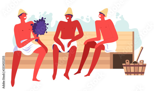 Sauna and spa procedures, male character in hot bath