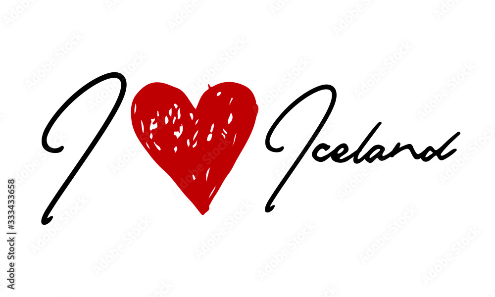 I love Iceland Red Heart and Creative Cursive handwritten lettering on white background. I love Iceland Red Heart and Creative Cursive handwritten lettering on white background.