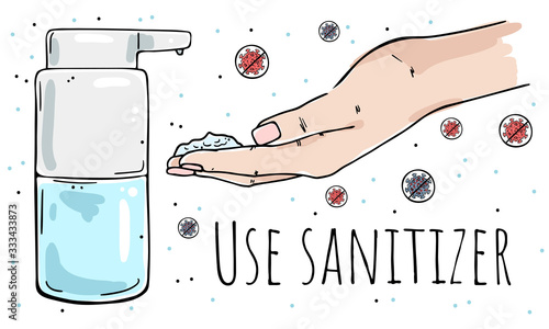 Illustration of a hand uses a sanitizer. Call for the use of a disinfecting gel.