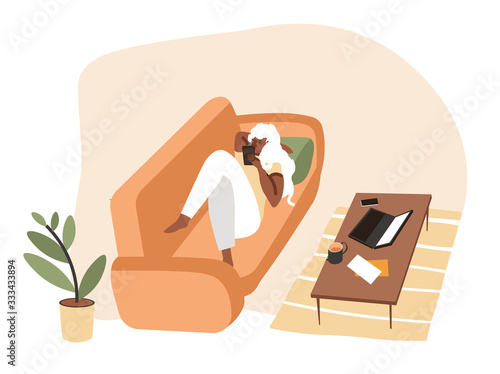Girl lying on sofa using smartphone device at home vector