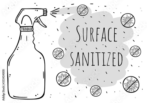 A poster disinfectant spray eliminates viruses. Surface sanitized.