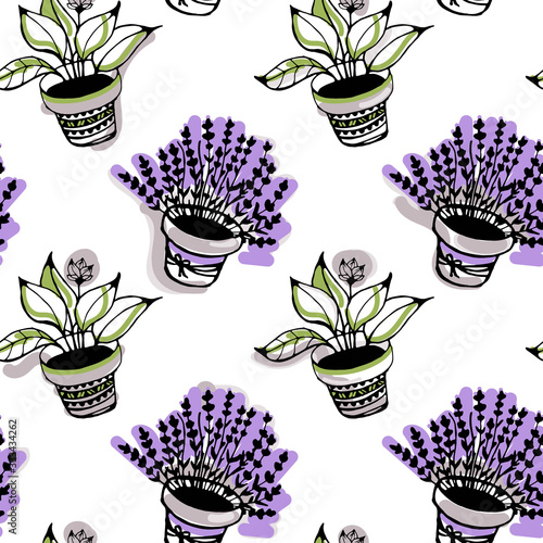 Lavender flowers in pot seamless pattern on a white background. Provence style.