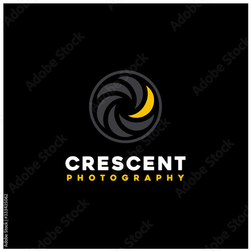 Golden Crescent Moon Light with Shutter Aperture Lens Camera for Photo Photography logo design