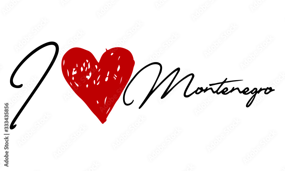 I love Montenegro Red Heart and Creative Cursive handwritten lettering on white background. I love Montenegro Red Heart and Creative Cursive handwritten lettering on white background.
