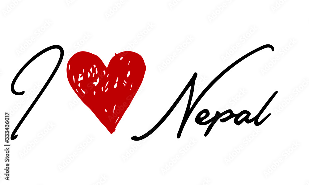 I love Nepal Red Heart and Creative Cursive handwritten lettering on white background. I love Nepal Red Heart and Creative Cursive handwritten lettering on white background.