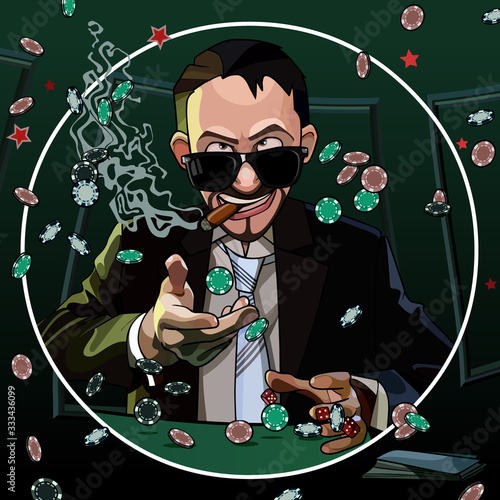 funny cartoon man throws chips while sitting at a table in a casino
