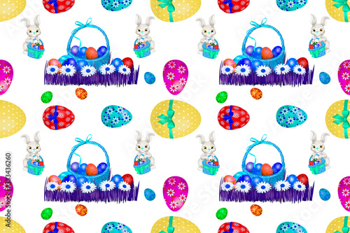 Easter background with cute bunnies  eggs and flowers for wallpaper and fabric design.