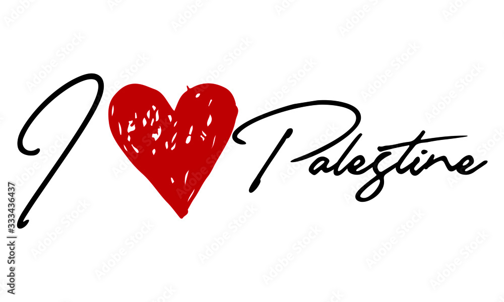 I love Palestine Red Heart and Creative Cursive handwritten lettering on white background.